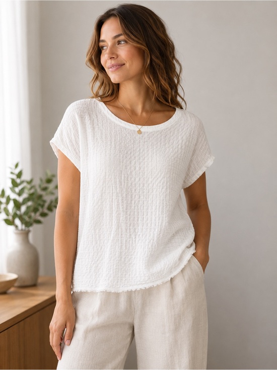 Eileen Fisher Tops - Eileen Fisher Organic Cotton Textured Boxy Tee | White Cap Sleeve Top | Size M